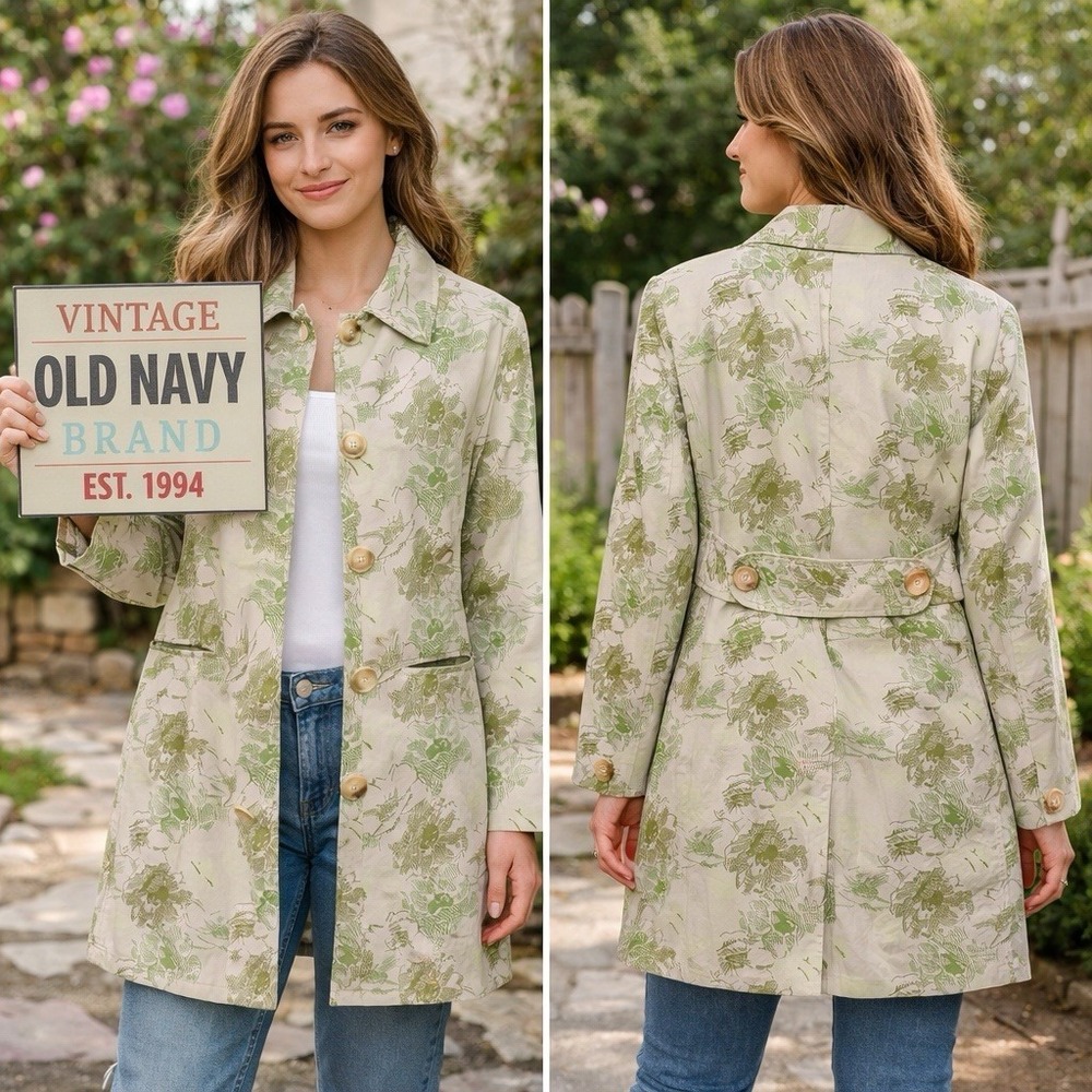 VTG Trench Coat Old Navy M Floral Ivory Botanical Toile Spring Lined Pockets Y2K - Picture 3 of 13